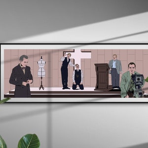 Può includere: Un'illustrazione incorniciata di una scena con cinque uomini. Gli uomini sono in piedi in una stanza con una croce sul muro. Un uomo tiene una macchina fotografica, un altro tiene un microfono e gli altri tre guardano la macchina fotografica. L'illustrazione è in una cornice nera.