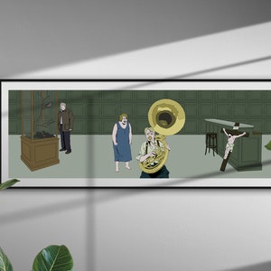 May include: A framed art print featuring a surreal illustration. The artwork depicts several figures, including a person playing a tuba, and a depiction of a crucifixion. The background has a green patterned wallpaper.