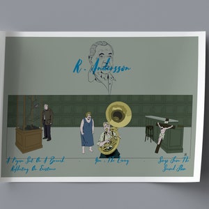 May include: A poster with a green background featuring a cartoon illustration of a man playing a tuba, a man standing on a branch, and a man on a cross. The poster has the text "R. Andersson" at the top and "You, The Living" and "Songs From The Second Show" at the bottom.