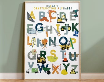 Personalised Construction Alphabet Print | Kids Wall Art | Construction Print | Personalised Digger | Personalised Alphabet Digger Print