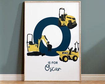 Personalised Name Initial Digger Print | Personalised Diggers | Personalised Construction Print | Personalised Kids Name | Kids Wall Art