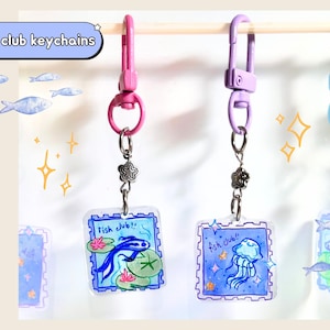 Fish Club keychains! | handmade shrinky dink charm, shrink plastic keyring, koi fish jellyfish lily pad pond stamp accessory