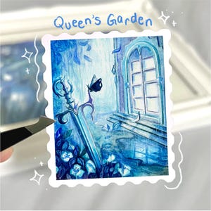 Der Garten der Königin | Stempel Form Vinyl Aquarell Aufkleber Laptop Wasserflasche Abziehbilder Fantasy Anime Ritter Blau Schwert Motte Schmetterling Art