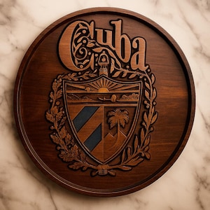 Custom Carved Cuban Coat of Arms – 17&quot; Diameter | Exotic Peruvian Dark Walnut | Handcrafted Wall Art Made in the USA Cuba Cuba Cuba Flag