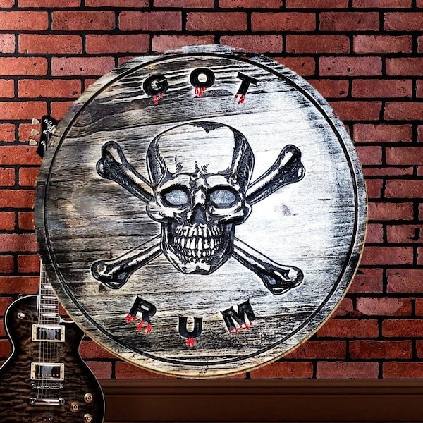 Pirate Art Jolly Roger Scull and Cross bones Caribbean Art West Indies Art 18" diameter precision carved Solid Wood.  Christmas gift for Dad