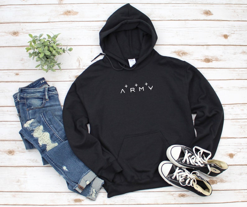 May include: Black hooded sweatshirt with a white embroidered design that says "^+^+^ ARMY".