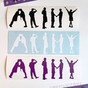 May include: Three sets of stickers featuring the silhouette of seven figures spelling out the word "ARMY". The first set is black, the second is white, and the third is purple.