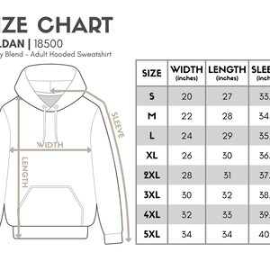 May include: Size chart for a Gildan 18500 hooded sweatshirt. The chart shows the width, length, and sleeve length in inches for sizes S through 5XL.