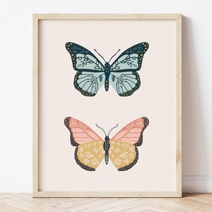 boho butterflies, printable art, digital print, girl&#39;s room decor, room decor, modern, retro, vintage decor, boho girl&#39;s nursery, nursery