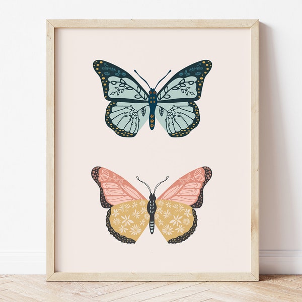 boho butterflies, printable art, digital print, girl's room decor, room decor, modern, retro, vintage decor, boho girl's nursery, nursery