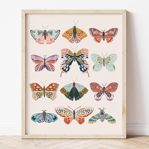 papillons boho, art imprimable, impression numérique, décor de chambre de fille, décor moderne, rétro, vintage, pépinière de fille boho, art mural papillon,