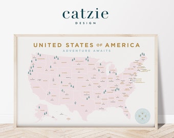 mapa imprimible de Estados Unidos, arte mural imprimible, escuela en el hogar, educativo, arte digital, mapa de Estados Unidos, Estados Unidos, mapa boho, arte escolar, mapas de viaje