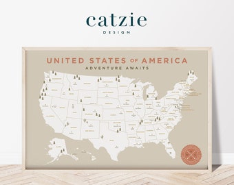 mapa imprimible de Estados Unidos, arte mural, escuela en el hogar, educativo, arte digital, mapa de Estados Unidos, mapa boho, arte escolar, mapa beige, decoración infantil