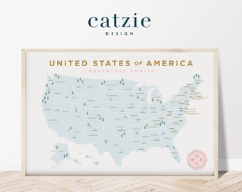 Mapa imprimible de Estados Unidos, arte mural, educación en el hogar, educativo, arte digital, mapa de EE. UU., EE. UU., mapa bohemio, arte escolar, decoración infantil.