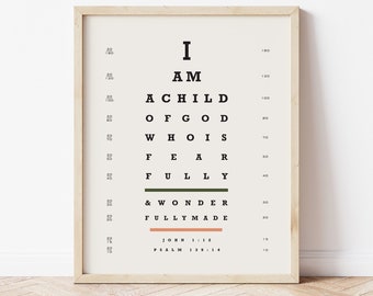 Soy un hijo de Dios, arte imprimible, arte de las Escrituras, decoración de habitación de niña, decoración de habitación de niño, decoración retro, tabla optométrica bohemia, arte de pared inspirador