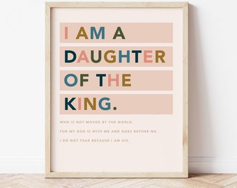 Je suis une fille du roi, art imprimable, impression numérique, décor de chambre de fille, boho, pépinière de fille minimale et moderne, source d'inspiration, écriture