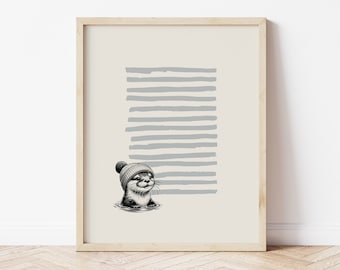 Retratos de animales, Arte infantil, Arte imprimible, Impresión digital, Decoración de la habitación del niño, Decoración moderna, minimalista, Retro, Guardería de niña nutria, Arte oceánico