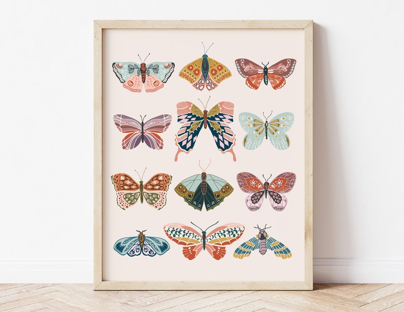 boho butterflies, printable art, digital print, girl's room decor, modern, retro, vintage decor, boho girl's nursery, butterfly wall art, 