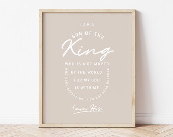 Soy hijo del rey, arte imprimible, impresión digital, decoración de habitación de niño, boho, minimalista, guardería de niño sencilla, inspirador, escritura.