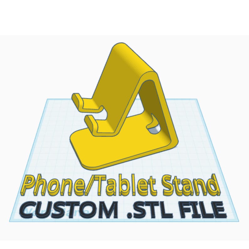 Peut inclure: Un support de t&eacute;l&eacute;phone ou de tablette imprim&eacute; en 3D de couleur jaune. Le support est con&ccedil;u pour maintenir un appareil en position verticale. L'image comprend le texte "Phone/Tablet Stand CUSTOM .STL FILE".
