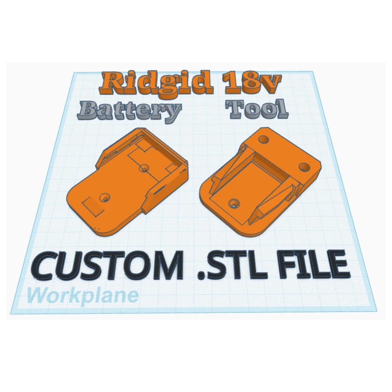 K&ouml;nnte beinhalten: Zwei orangefarbene 3D-gedruckte Kunststoffteile f&uuml;r ein Ridgid 18V-Batteriewerkzeug. Der Text "CUSTOM .STL FILE" und "Workplane" ist unter den Teilen sichtbar.