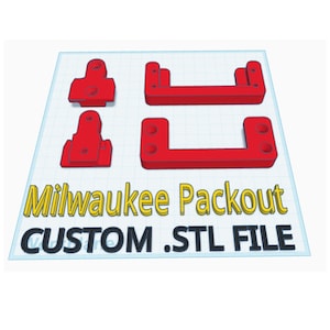 May include: A 3D printed design for a Milwaukee Packout custom .STL file. The design includes two red brackets and two red pieces with holes.