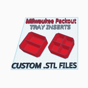Puede incluir: Insertos de bandeja Milwaukee Packout rojos con el texto "Milwaukee Packout TRAY INSERTS" y "CUSTOM .STL FILES". Un inserto tiene dos compartimentos, el otro tiene seis. Los insertos están sobre un fondo de cuadrícula.