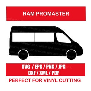 Puede incluir: Silueta negra de una furgoneta Ram Promaster con el texto "RAM PROMASTER" arriba y "SVG / EPS / PNG / JPG, DXF / XML / PDF" y "PERFECT FOR VINYL CUTTING" abajo. La furgoneta tiene dos ventanas.