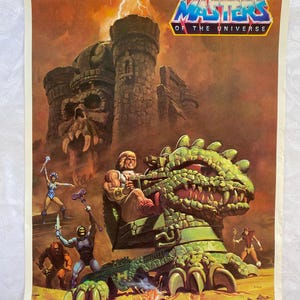 May include: A vintage Masters of the Universe poster featuring He-Man riding Battle Cat, a green, reptilian creature. The poster has a dark orange background with a stone castle in the background. The poster also features other characters from the Masters of the Universe franchise, including Teela, Man-At-Arms, and Beast Man.