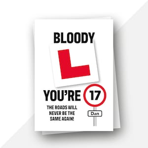 May include: A white card with the text "BLOODY YOU'RE 17" in black. A red L-shaped sign is above the text. A red circle with the number 17 inside is to the right of the text. A white rectangle with the text "Dan" is below the circle.