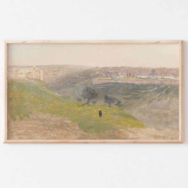 Samsung Frame TV Art File | Vintage Jerusalem Mount of Olives Landscape Painting | Christian Art | Muted Colors | Greens & Grays | #83