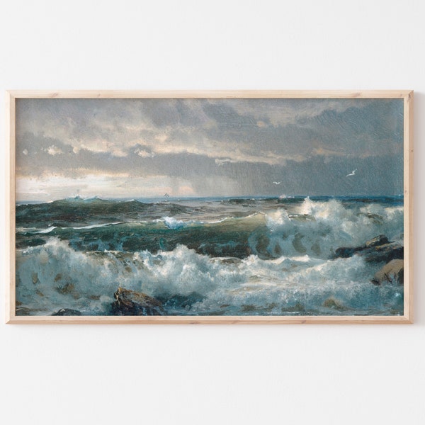 Samsung Frame TV Art File | Vintage Ocean Waves Landscape Painting | Muted Colors | Antique Seascape | Blues & Greens | Fine Art TV | #54