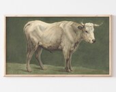 Samsung Frame TV File Vintage Cow Oil Painting Antique Farmhouse Art White Green TV Art File 106
