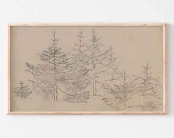 Samsung Frame TV Art File | Vintage Pine Tree Sketch | Neutral Christmas Art | Muted Colors | Farmhouse Art | Beige & Gray | TV Image | #11