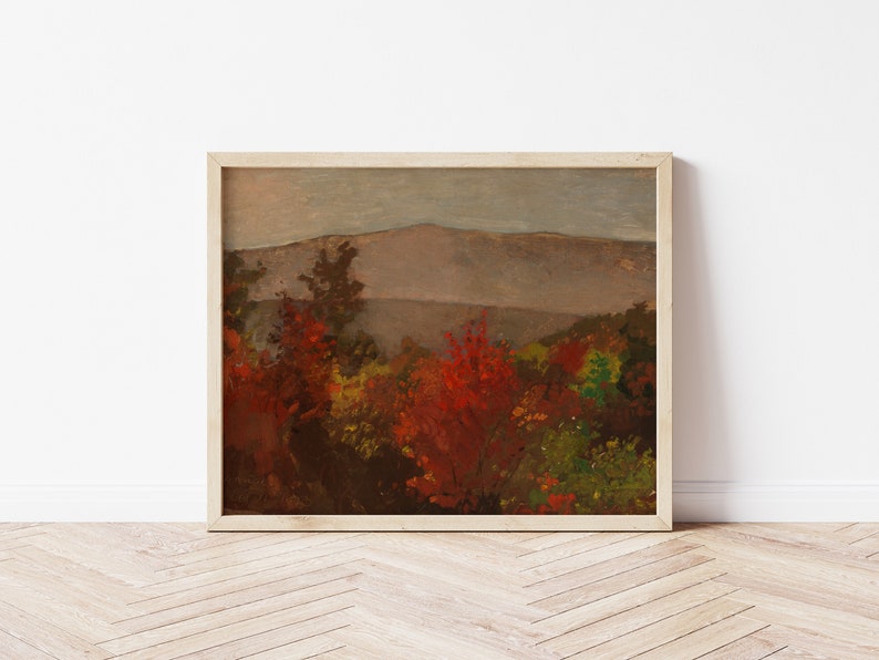 Printable Art Vintage Fall Foliage Landscape Painting October Colors Farmhouse Print Oranges & Reds Fine Art Printable 201 image 1