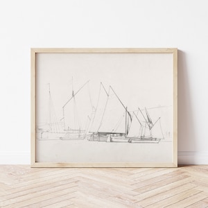 Printable Art | Vintage Sailboat Pencil Drawing | Harbor Ships | Antique Seascape | Black & White | Fine Art Printable | #155