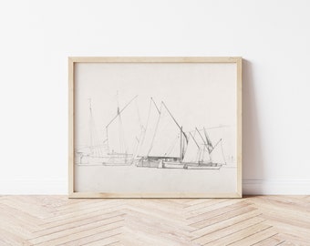 Printable Art | Vintage Sailboat Pencil Drawing | Harbor Ships | Antique Seascape | Black & White | Fine Art Printable | #155