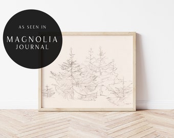 Printable Art | Vintage Pine Tree Sketch Printable | Neutral Christmas Art | Muted Colors | Farmhouse Art | White & Gray | #226
