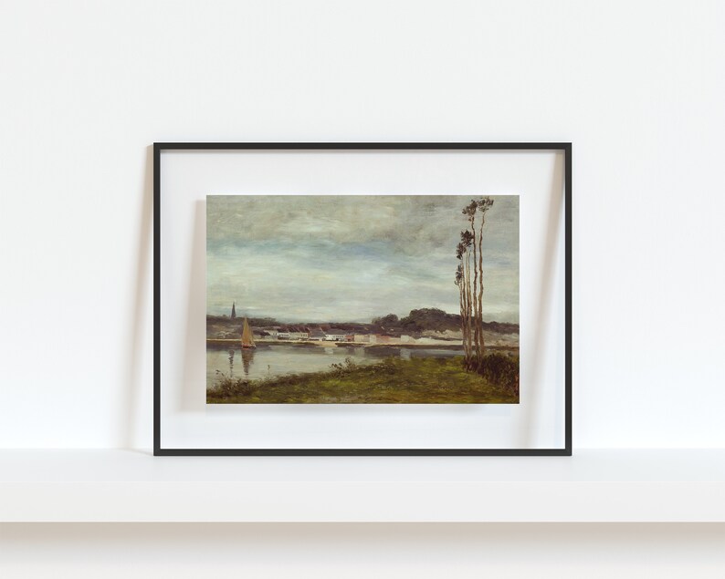 Printable Art Vintage French Landscape Painting River Seine Muted Colors Blues & Greens Palm Trees Oil Fine Art 3 image 2