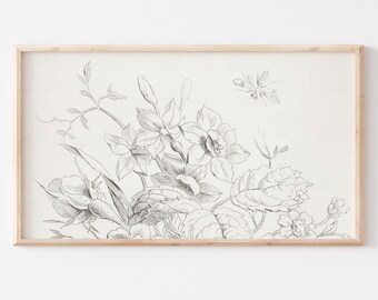 Samsung Frame TV Art | Vintage Bouquet Sketch Art Print | Black & White | Bee | Antique Drawing | Fine Art TV File | #158