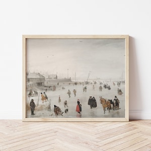 Printable Art | Vintage Ice Skating Painting | Winter Scene | Neutral Christmas Art | Farmhouse Art | White & Gray | Fine Art Print | #184