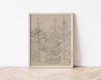 Printable Art | Vintage Pine Tree Sketch Printable | Neutral Christmas Art | Muted Colors | Farmhouse Art | Beige & Gray | #11V
