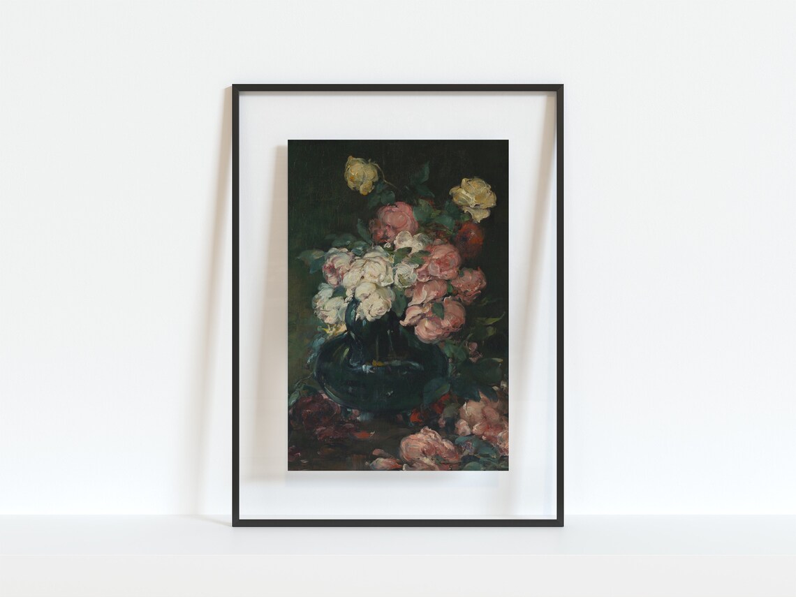 Printable Art | Vintage Moody Floral Still Life Oil Painting | Roses in ...