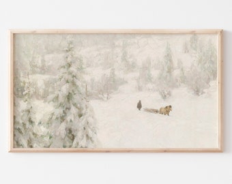 Samsung Frame TV Art | Vintage Snowy Winter Landscape Painting | Muted Colors | Farmhouse Art | Horse & Sled | Fine Art Printable | #218