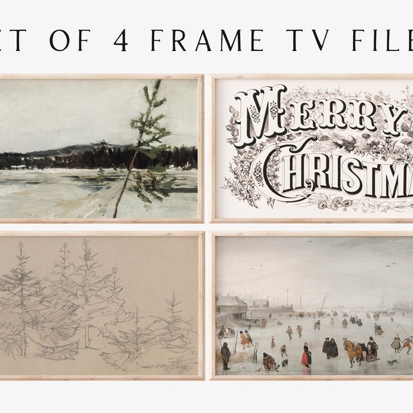 Samsung Frame TV Art File | Vintage Winter Art Set of 4 | Neutral Christmas Art | Muted Colors | Farmhouse Art | Beige & Gray | TV Image