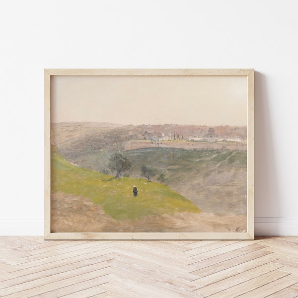 Printable Art | Vintage Jerusalem Mount of Olives Landscape Painting | Christian | Muted Colors | Greens & Grays | Fine Art Printable | #83
