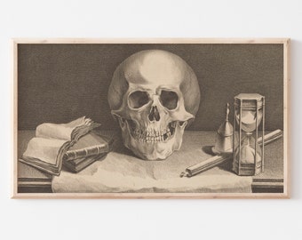 Samsung Frame TV Art | Vintage Skull Skeleton Etching | Muted Colors | Farmhouse Sketch | Black & White | Fine Art TV File | #196