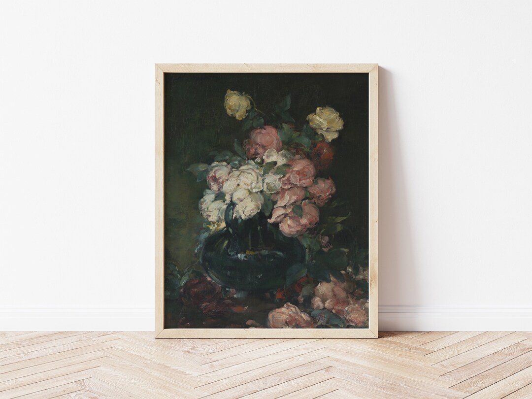 Printable Art | Vintage Moody Floral Still Life Oil Painting | Roses in ...