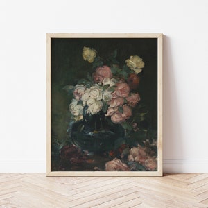 Printable Art | Vintage Moody Floral Still Life Oil Painting | Roses in ...