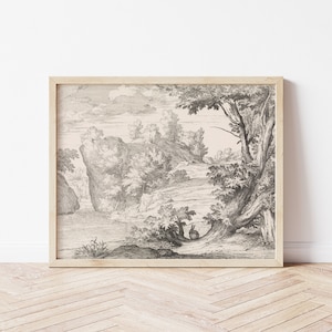 Printable Art | Vintage Bunny Rabbit Landscape Drawing | Neutral Easter Spring Art | Etching | Farmhouse Art | #151